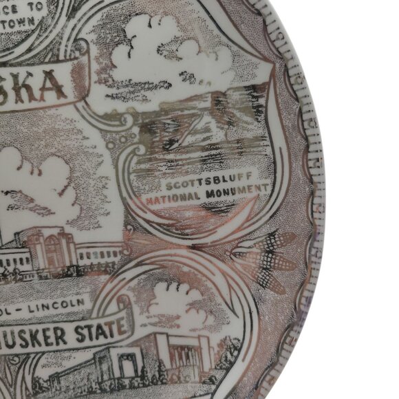Vintage Nebraska Souvenir Plate 9" With State Capitol & Landmarks In Brow & Gold - Picture 9 of 15